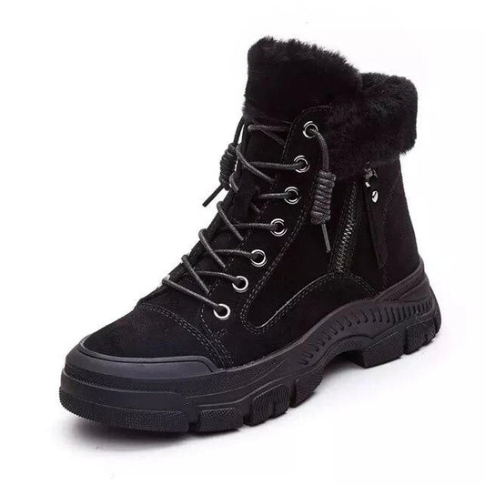 Women’s Genuine Leather Plush-Lined Snow Boots – Lace-Up Chunky Sole Winter Ankle Boots with Anti-Slip Tread