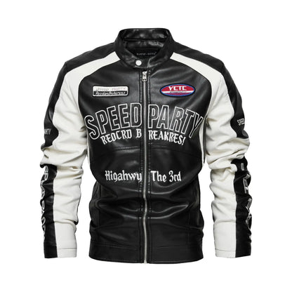 Men’s Embroidered Leather Biker Jacket – Racing-Inspired Zip-Up Design with Stand Collar