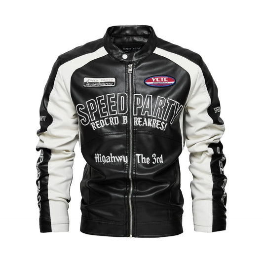 Men’s Embroidered Leather Biker Jacket – Racing-Inspired Zip-Up Design with Stand Collar