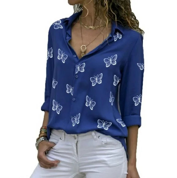 Women’s Butterfly-Print Button Shirt – Relaxed Three-Quarter Sleeve Style for Everyday Wear