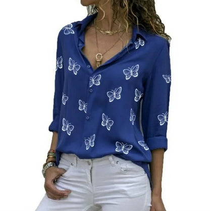 Women’s Butterfly-Print Button Shirt – Relaxed Three-Quarter Sleeve Style for Everyday Wear