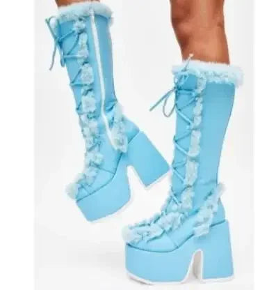Women’s Faux-Fur Platform Snow Boots – Lace-Up Knee-High Winter Boots with Side Zip
