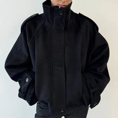 Women’s Oversized High-Neck Winter Jacket – Relaxed Drop-Shoulder Button-Front Coat with Utility Epaulettes
