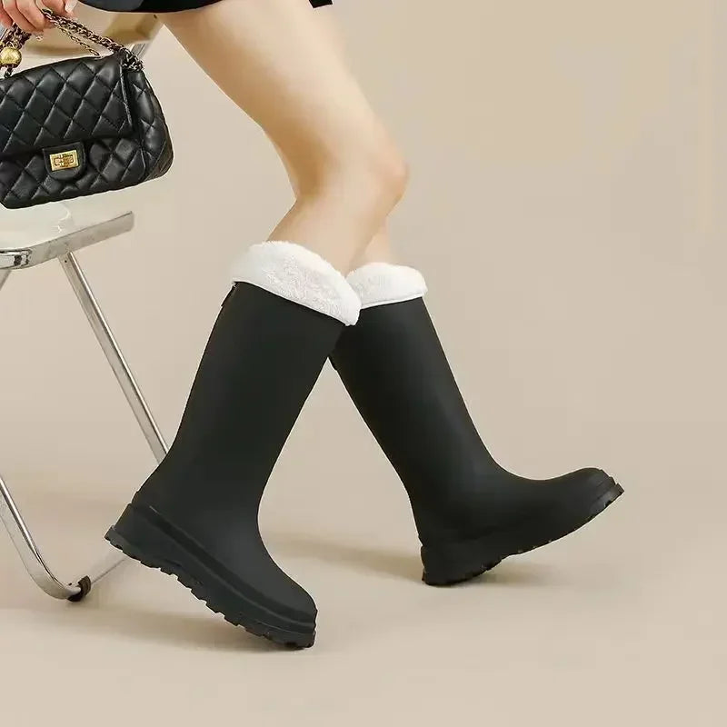 Women’s Plush-Lined Knee-High Rain Boots – Waterproof Rubber Boots with Non-Slip Chunky Sole