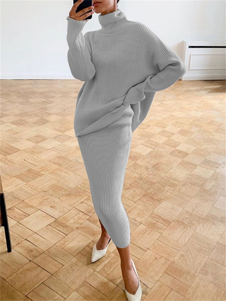 Women’s Turtleneck Knit Skirt Set – Relaxed Long-Sleeve Jumper with Slim Midi Skirt for Autumn Wear