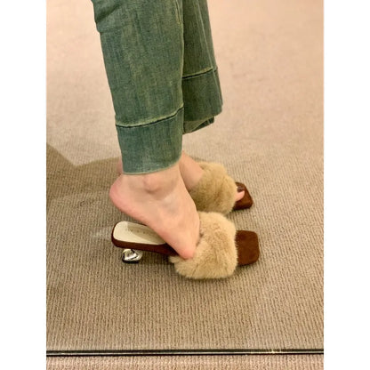 Women’s Faux-Fur Heeled Slippers – Cross-Strap Open-Toe Mules with Sculpted Block Heels
