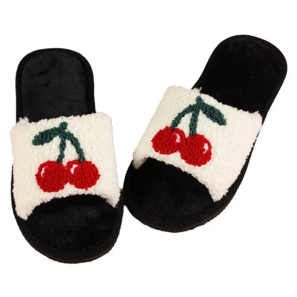 Women’s Cherry-Detail Plush Slide Slippers – Open-Toe House Shoes with Cushioned Sole