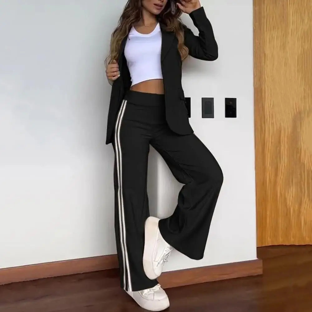 Women’s Tailored Blazer Trouser Set – Long-Sleeve Jacket with Wide-Leg Trousers for Smart Casual Wear