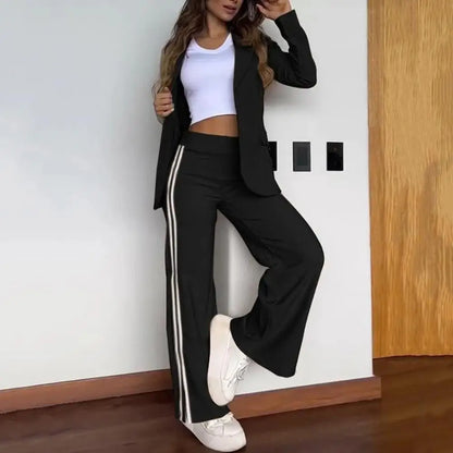 Women’s Tailored Blazer Trouser Set – Long-Sleeve Jacket with Wide-Leg Trousers for Smart Casual Wear