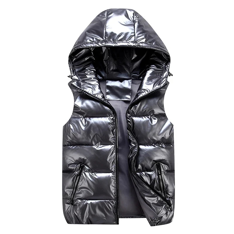 Men’s Glossy Cotton Puffer Gilet – Hooded Sleeveless Winter Layer with Zip Pockets