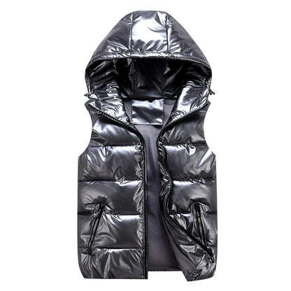 Men’s Glossy Cotton Puffer Gilet – Hooded Sleeveless Winter Layer with Zip Pockets
