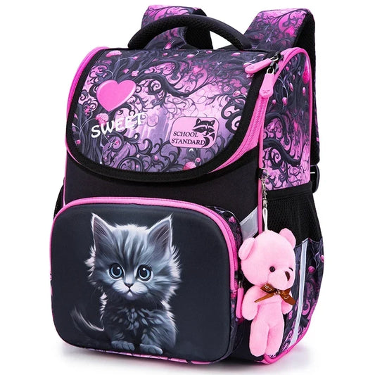 Children’s Cat Print School Backpack – Structured Primary School Bag with Multiple Compartments and Adjustable Straps