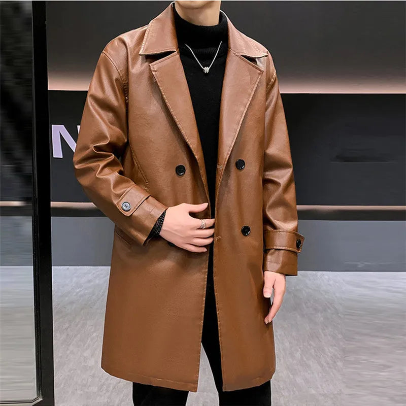 Men’s Long PU Leather Trench Coat – Quilted Winter Jacket with Classic Lapel Collar