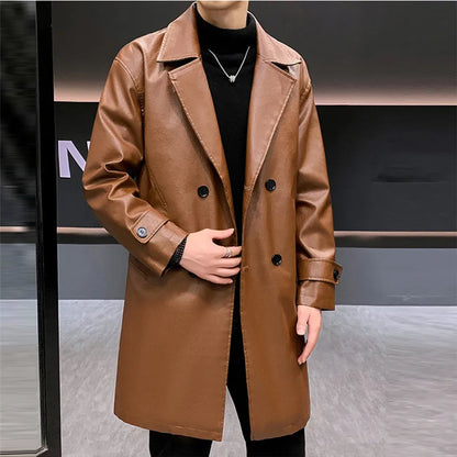 Men’s Long PU Leather Trench Coat – Quilted Winter Jacket with Classic Lapel Collar