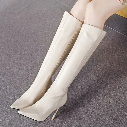 Women’s Sleek Pointed-Toe Knee-High Boots – Stiletto-Heel Side-Zip Leather-Look Winter Boots