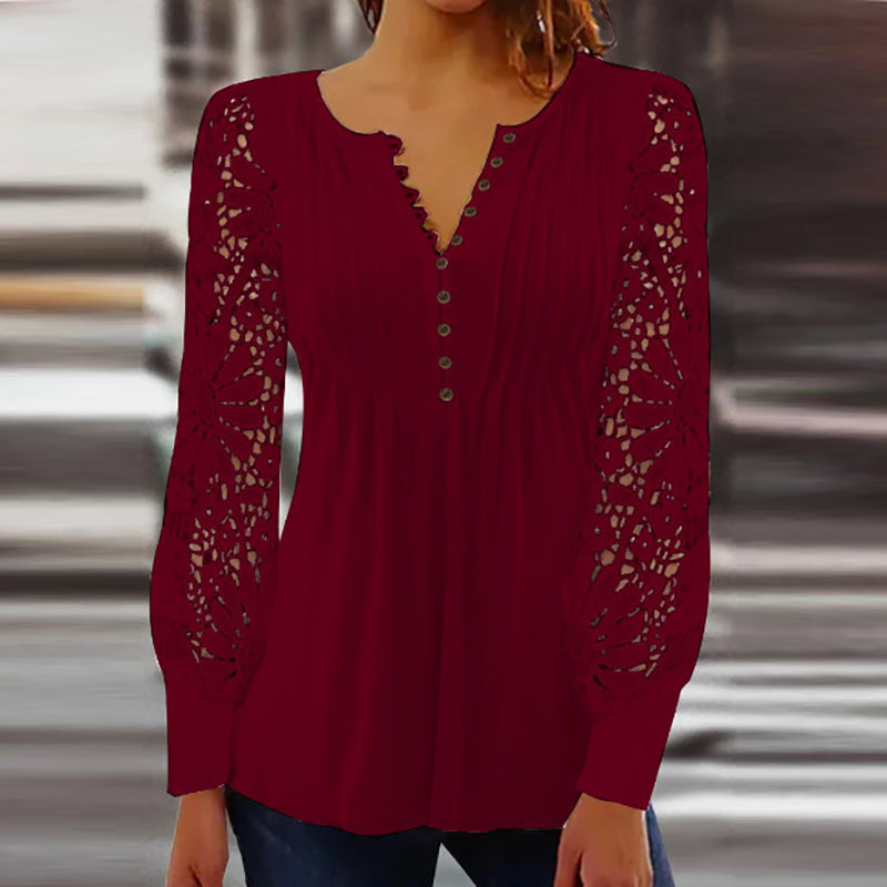 Women’s Lace Sleeve Blouse – Pintuck V-Neck Top for Elegant Everyday Wear