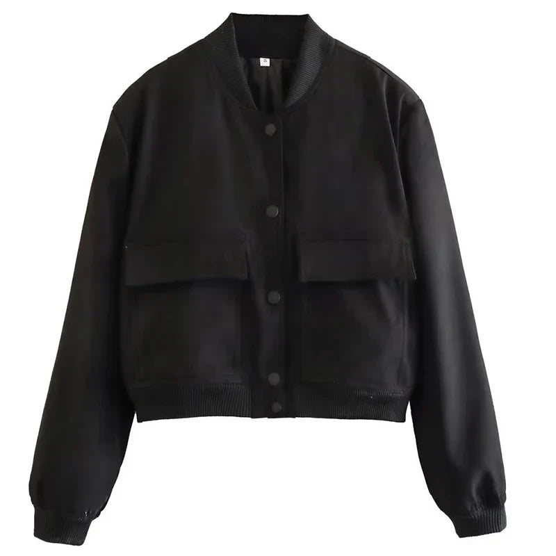 Women’s Relaxed Fit Bomber Jacket – Cropped Snap-Front Layer for Autumn and Winter Casual Wear