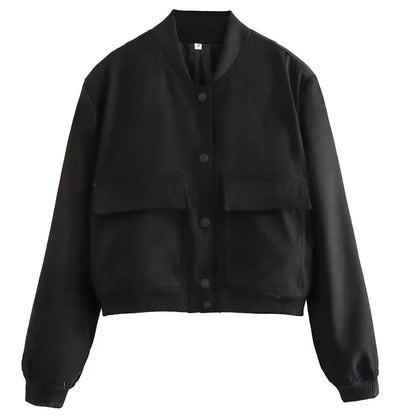 Women’s Relaxed Fit Bomber Jacket – Cropped Snap-Front Layer for Autumn and Winter Casual Wear