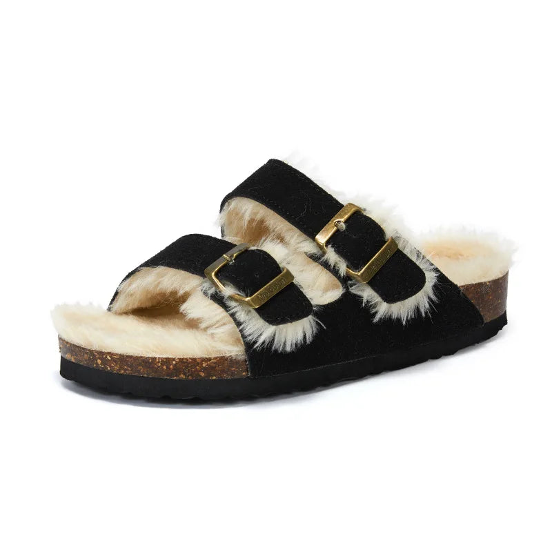 Women’s Plush-Lined Buckle Winter Slippers – Cosy Indoor Outdoor Sandals