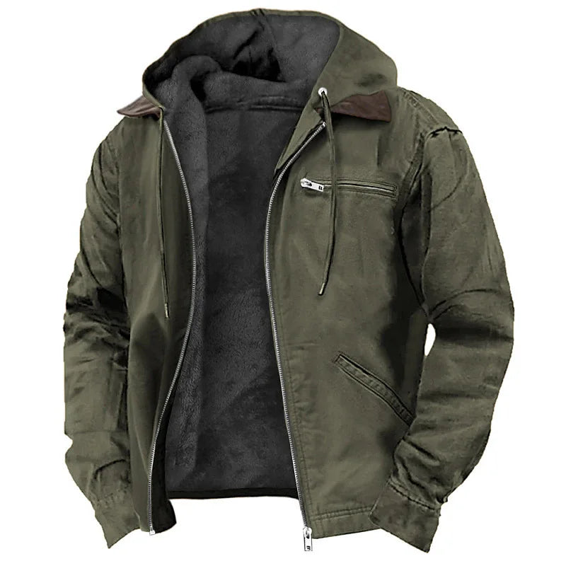 Men’s Fleece-Lined Hooded Jacket – Zip-Up Winter Coat with Multi-Pocket Utility Design