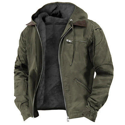 Men’s Fleece-Lined Hooded Jacket – Zip-Up Winter Coat with Multi-Pocket Utility Design