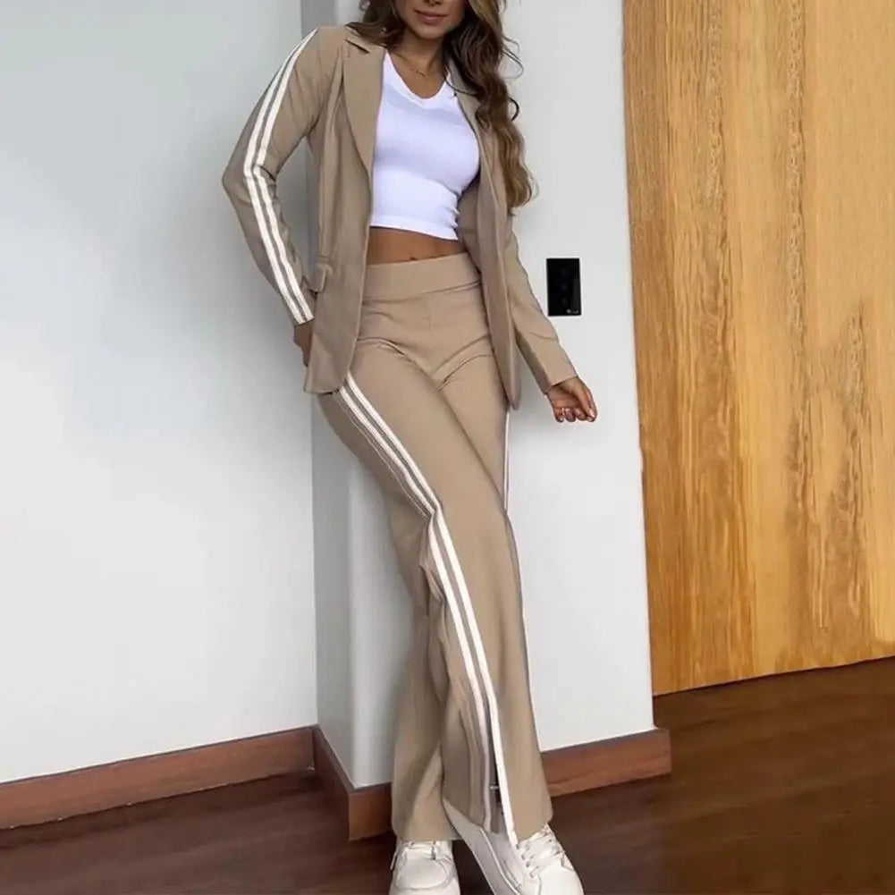 Women’s Tailored Blazer Trouser Set – Long-Sleeve Jacket with Wide-Leg Trousers for Smart Casual Wear