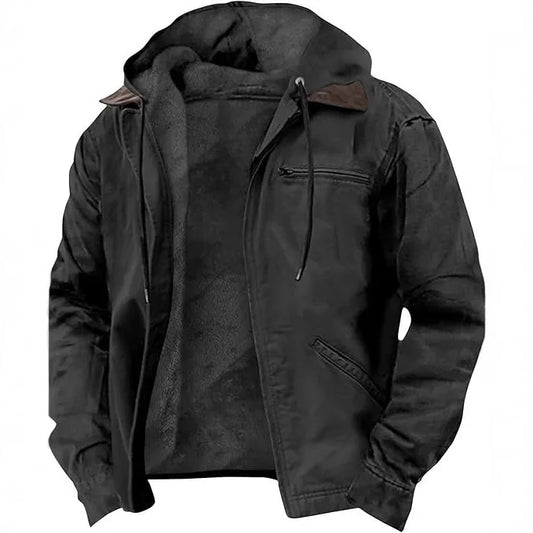 Men’s Fleece-Lined Hooded Jacket – Zip-Up Winter Coat with Multi-Pocket Utility Design