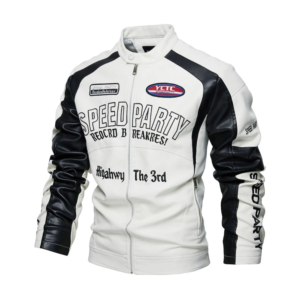 Men’s Embroidered Leather Biker Jacket – Racing-Inspired Zip-Up Design with Stand Collar
