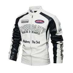 Men’s Embroidered Leather Biker Jacket – Racing-Inspired Zip-Up Design with Stand Collar