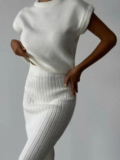 Women’s Cap-Sleeve Knit Skirt Set – Relaxed Crew-Neck Top with Ribbed Midi Skirt for Everyday Wear