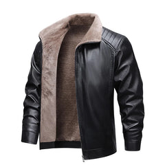 Men’s Fleece-Lined Leather Jacket – Retro Biker Outerwear with Warm Turn-Down Collar