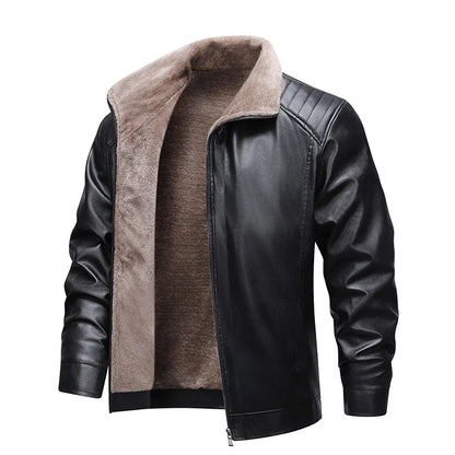 Men’s Fleece-Lined Leather Jacket – Retro Biker Outerwear with Warm Turn-Down Collar