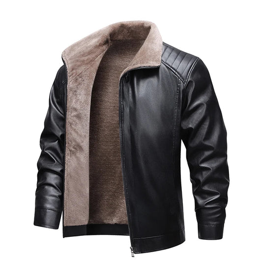 Men’s Fleece-Lined Leather Jacket – Retro Biker Outerwear with Warm Turn-Down Collar