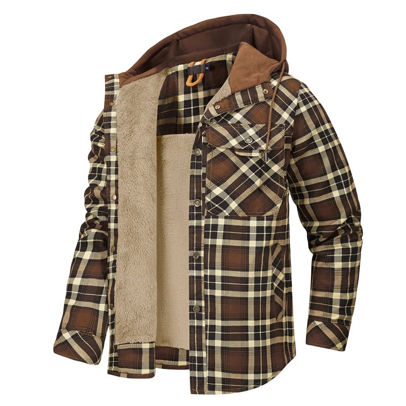 Men’s Hooded Fleece-Lined Plaid Shirt Jacket – Warm Button-Up Winter Overshirt