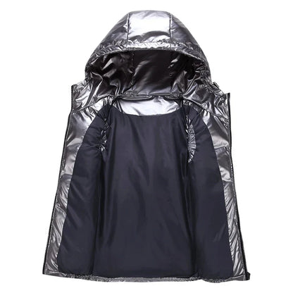 Men’s Glossy Cotton Puffer Gilet – Hooded Sleeveless Winter Layer with Zip Pockets