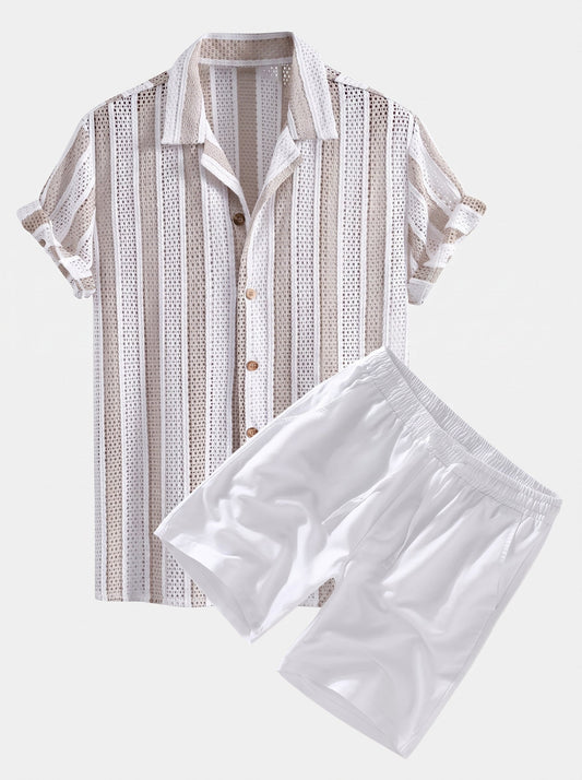 Men’s Mesh Cuban Shirt Set – Linen Blend Drawstring Shorts for Summer Resort Wear