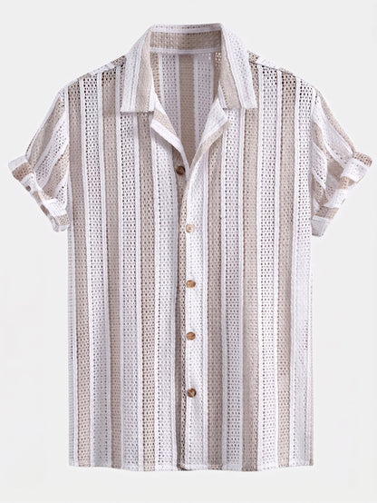 Men’s Mesh Cuban Shirt Set – Linen Blend Drawstring Shorts for Summer Resort Wear
