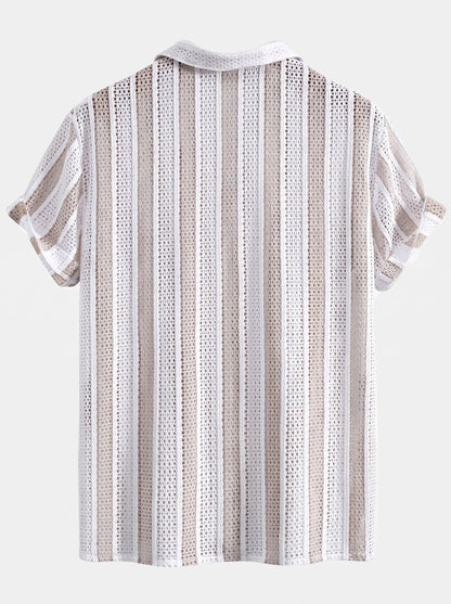 Men’s Mesh Cuban Shirt Set – Linen Blend Drawstring Shorts for Summer Resort Wear