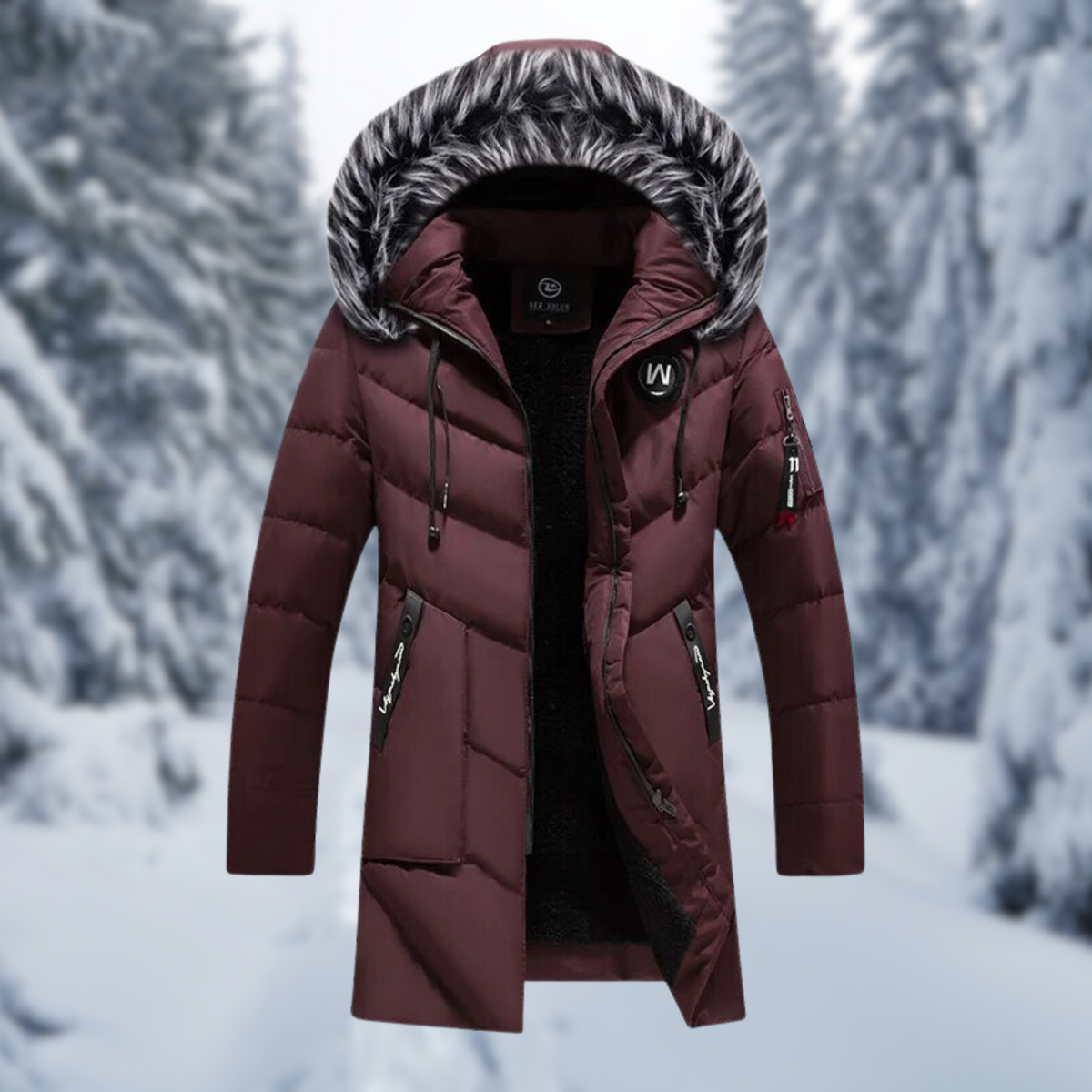 Men’s Fur-Trim Hooded Puffer Coat – Long Insulated Winter Outerwear for Cold Days