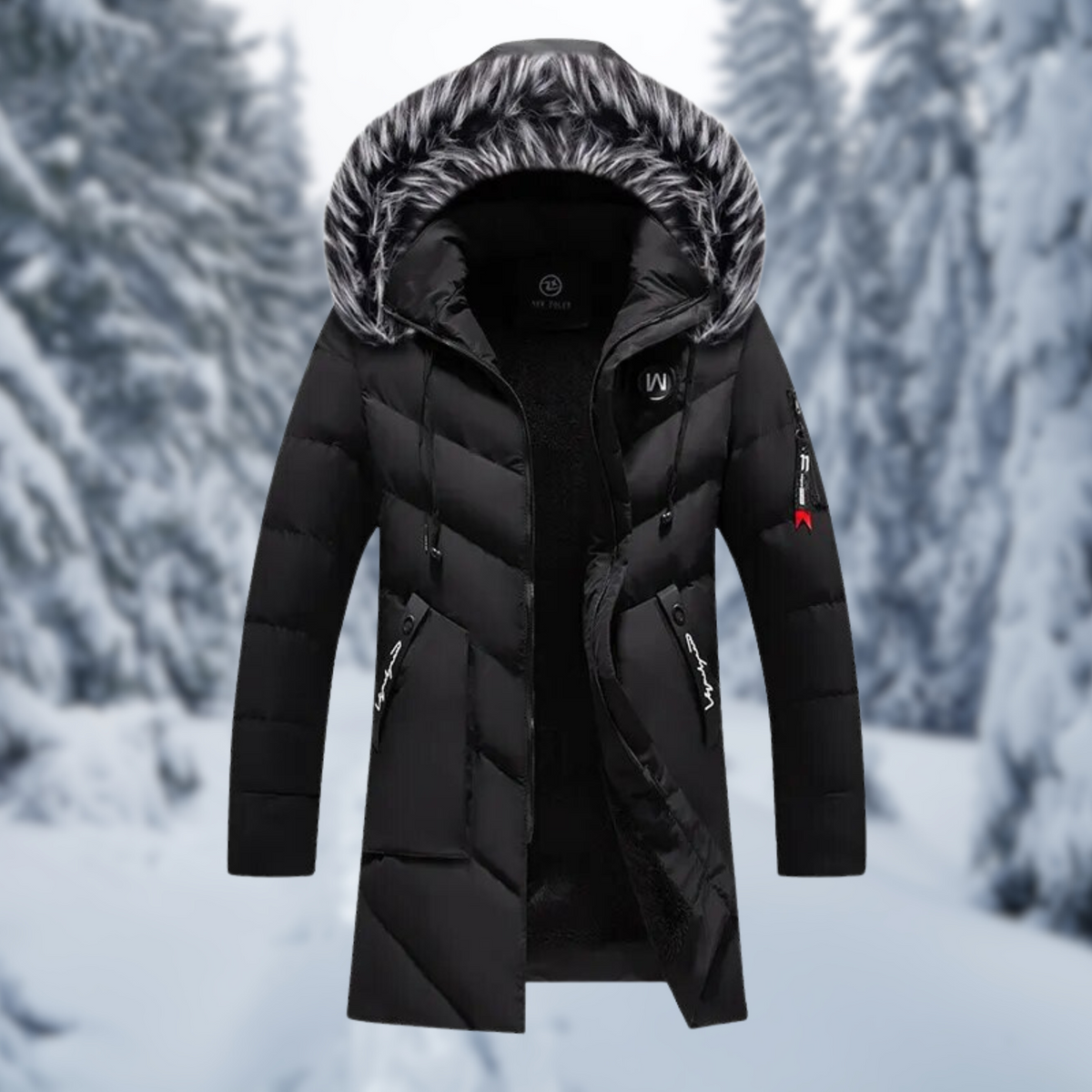 Men’s Fur-Trim Hooded Puffer Coat – Long Insulated Winter Outerwear for Cold Days
