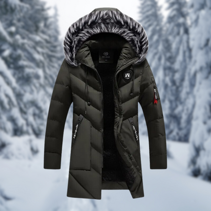 Men’s Fur-Trim Hooded Puffer Coat – Long Insulated Winter Outerwear for Cold Days