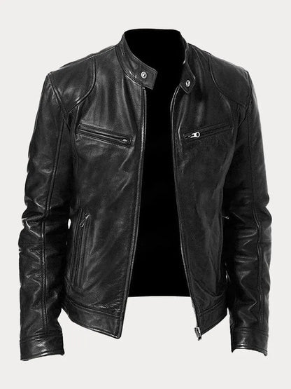 Men’s Biker-Style Jacket – Stand Collar with Press Studs and Four Zip Pockets