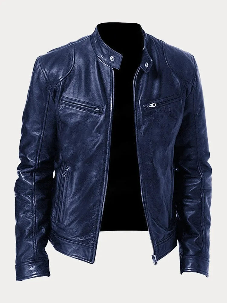 Men’s Biker-Style Jacket – Stand Collar with Press Studs and Four Zip Pockets