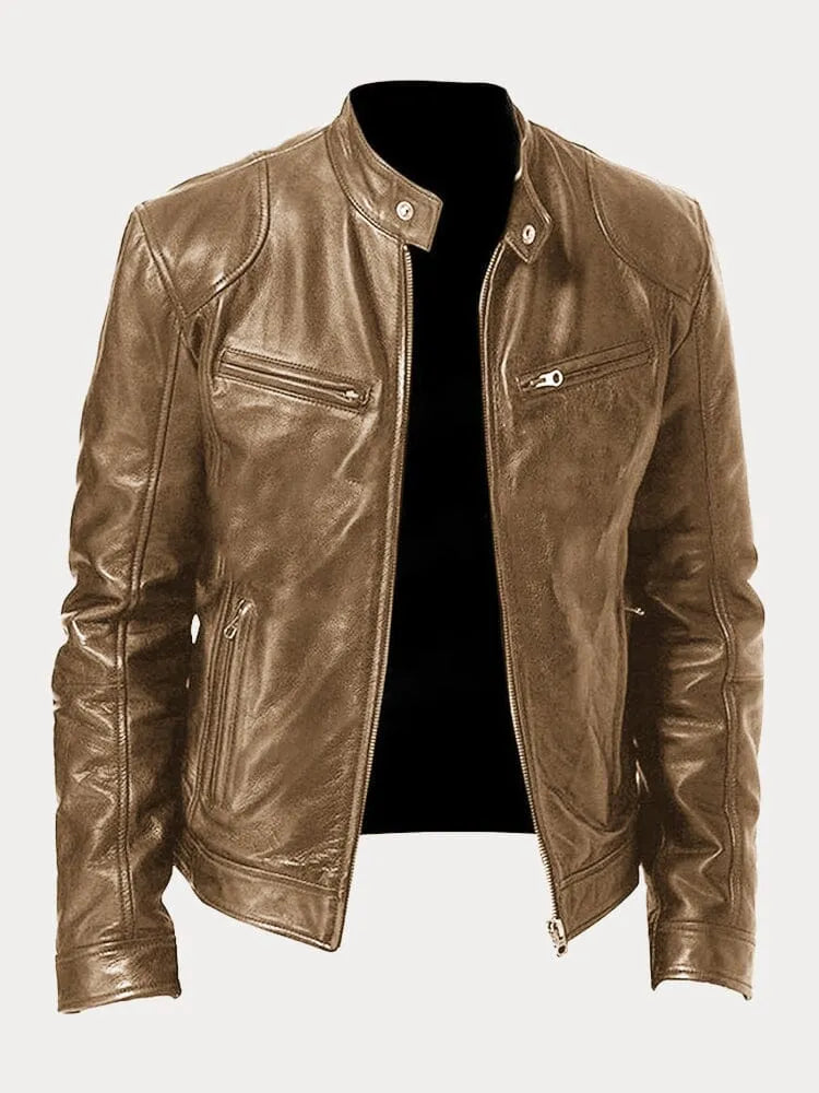 Men’s Biker-Style Jacket – Stand Collar with Press Studs and Four Zip Pockets