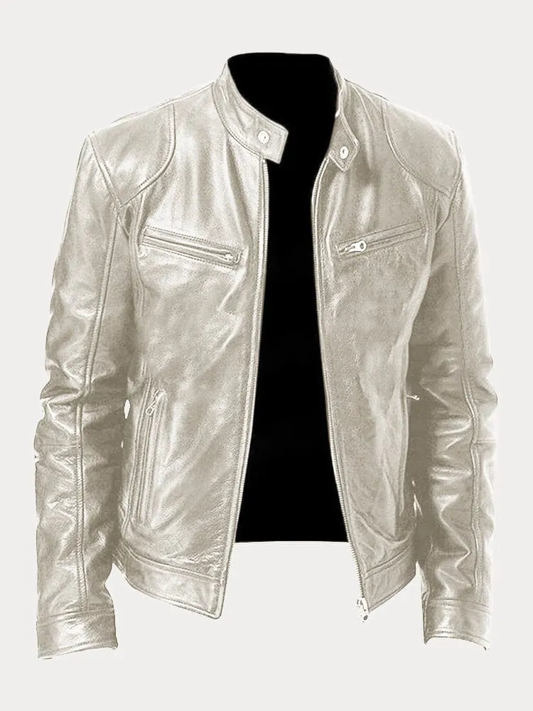 Men’s Biker-Style Jacket – Stand Collar with Press Studs and Four Zip Pockets
