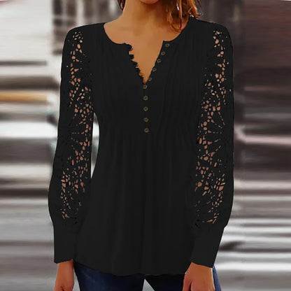 Women’s Lace Sleeve Blouse – Pintuck V-Neck Top for Elegant Everyday Wear