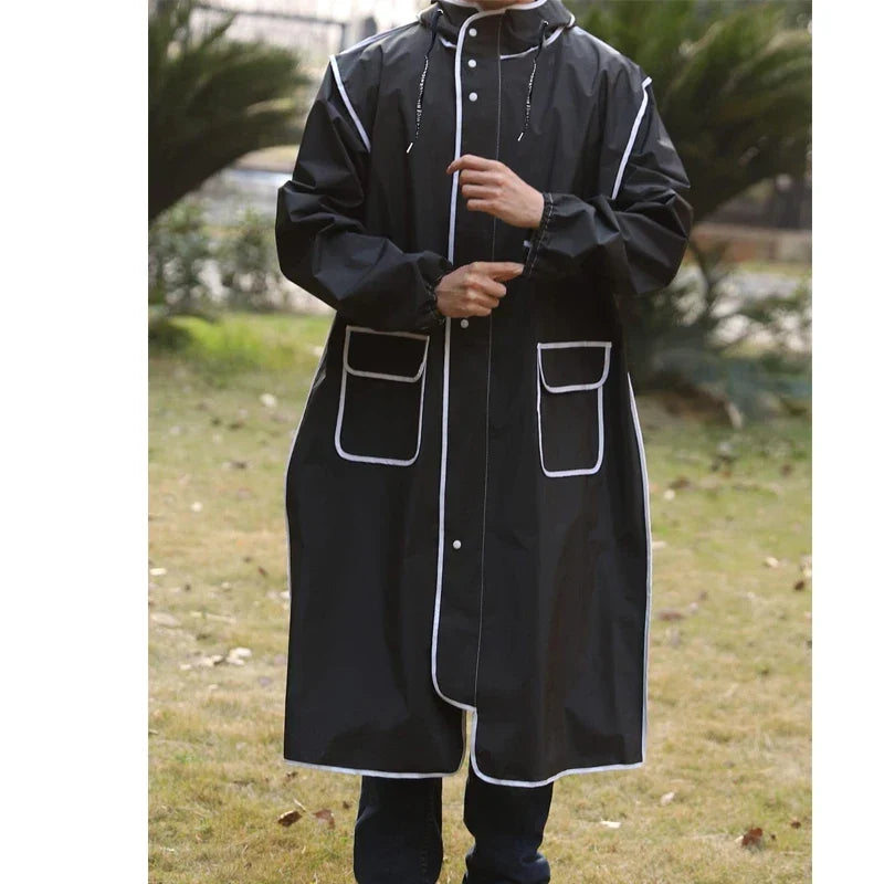 Unisex Waterproof Long Rain Poncho – Full-Body Hooded Cycling Raincoat with Reflective Trim