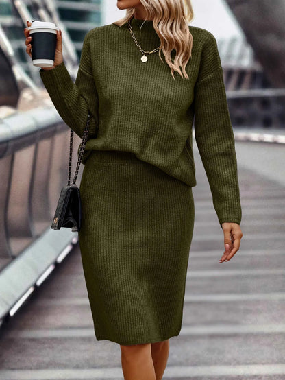 Women’s Knitted Set – Stand-Collar Jumper with Midi Skirt