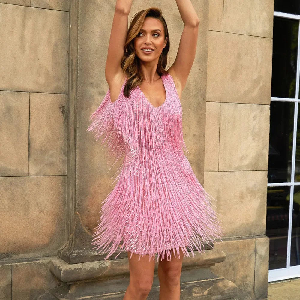 Women’s Cocktail Dress – Fringed Hem with V-Neck