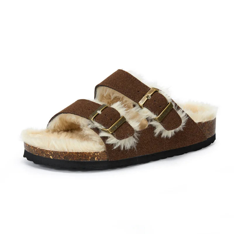 Women’s Plush-Lined Buckle Winter Slippers – Cosy Indoor Outdoor Sandals